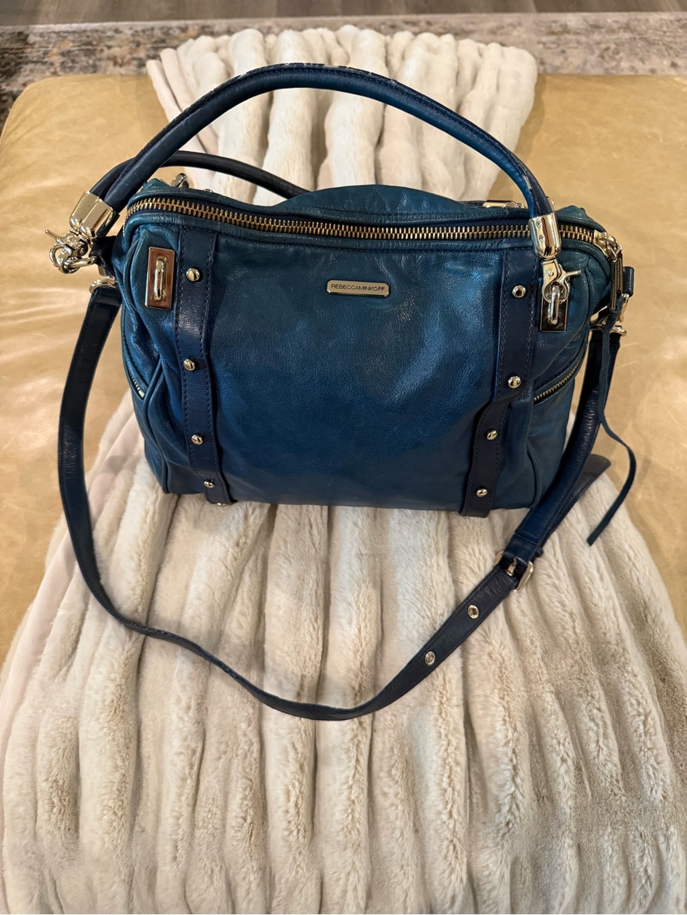 Rebecca Minkoff Dark Teal Leather Shoulder Satchel with Gold Hardware